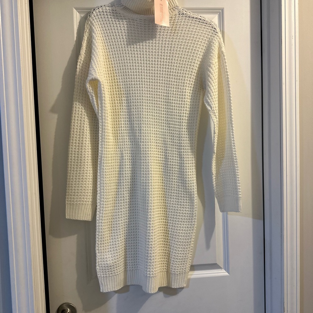 Missguided Cream Waffle Knit Turtleneck Sweater Dress